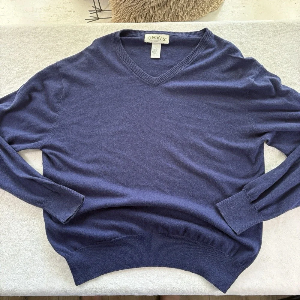 Orvis Men's Large Blue V-Neck Sweater Cotton Silk Cashmere Blend Long Sleeve